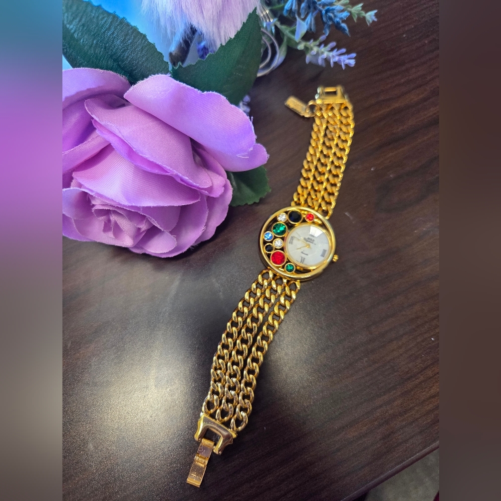 Vintage Rare Gold-Tone 3-Strand Bracelet Watch with Multicolor Gem Accents
